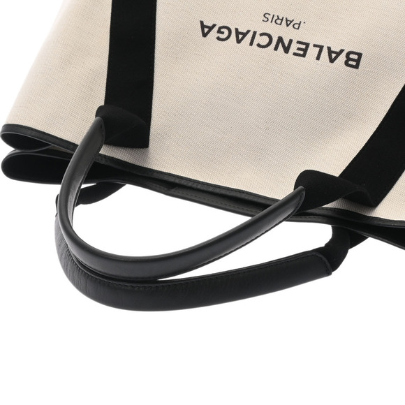 BALENCIAGA Navy Blue Cabas Beige Black Canvas Leather Handbag - Picture 3 of 9